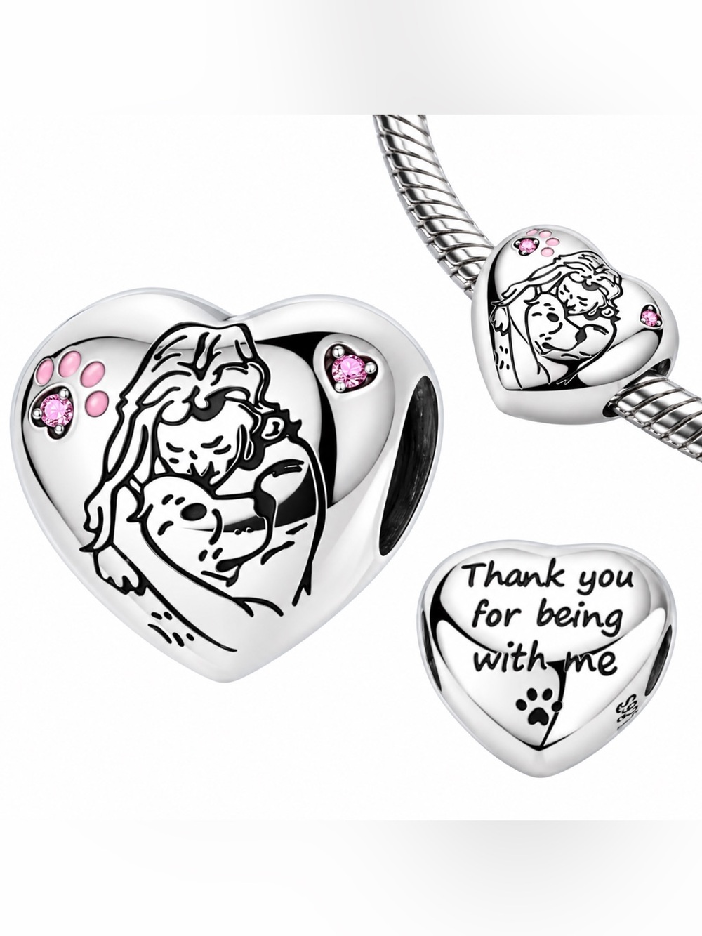 🐾 STERLING SILVER WOMAN & DOG HEART CHARM PINK PAW LOVE